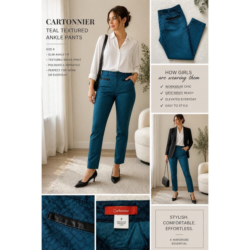 Cartonnier Teal Jacquard Pants Womens 8 Slim Ankle Workwear Chic